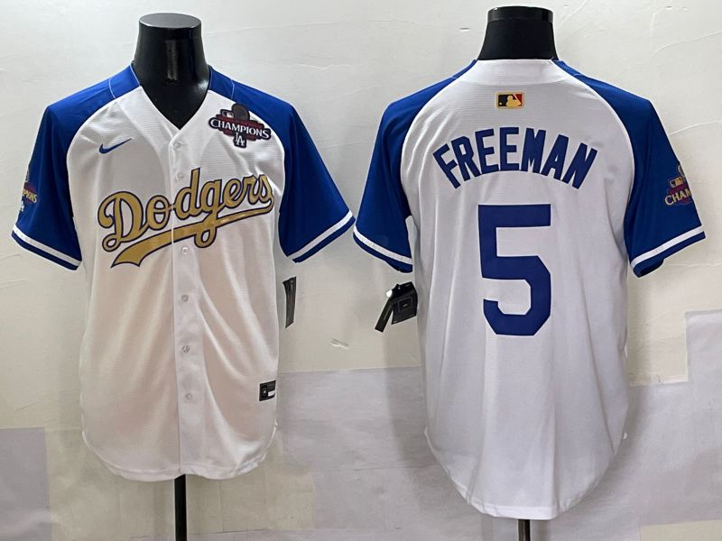 Men Los Angeles Dodgers #5 Freeman White Blue Champion gold character Nike 2025 MLB Jersey style 5055->los angeles dodgers->MLB Jersey